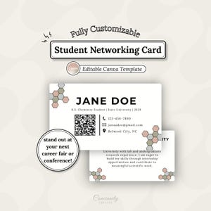 May include: A customizable student networking card template featuring the text Jane Doe, B.S. Chemistry Student, State University, 2029, a QR code, contact details, and a hexagonal pattern in muted tones of gray, green, and pink on a white background.