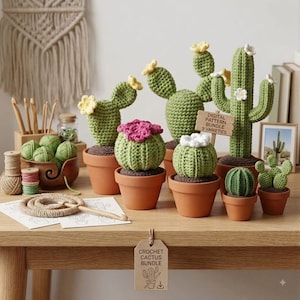 May include: A collection of crocheted cactus plants in terracotta pots, featuring various shapes and sizes with yellow, white, and pink flowers. A wooden sign reads DIGITAL PATTERN BUNDLE 9 VARIETIES, and a hanging tag reads CROCHET CACTUS BUNDLE.