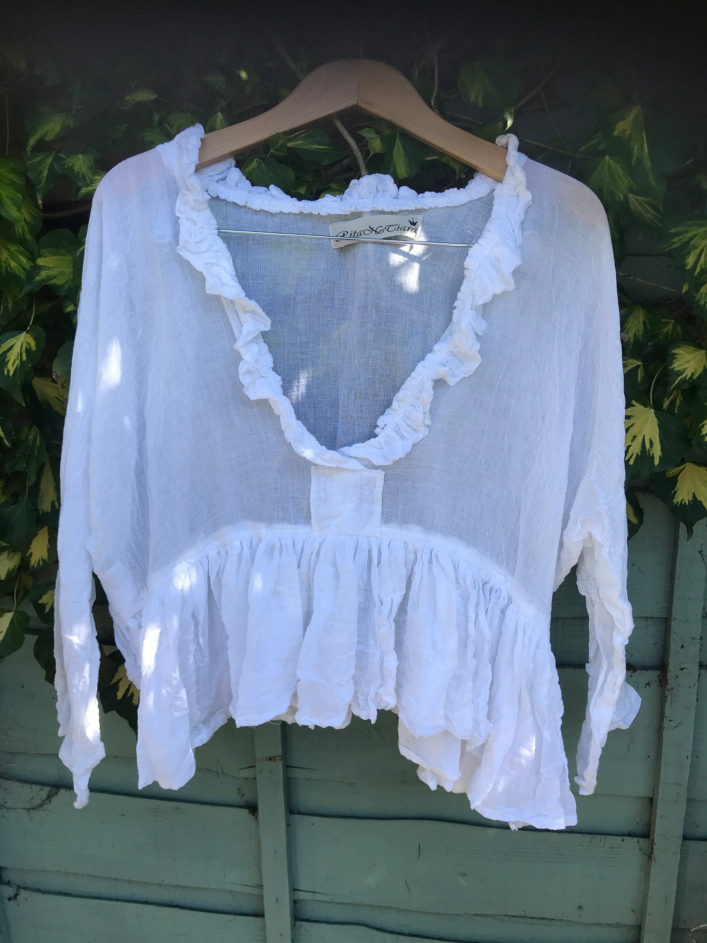 Image of White Gauze Cotton V Neck Top Shirt Crop Free Size Ready To Ship Oversize Prairie Chic Boho Lagenlook Long Sleeves Throw Over On Ritanotiara