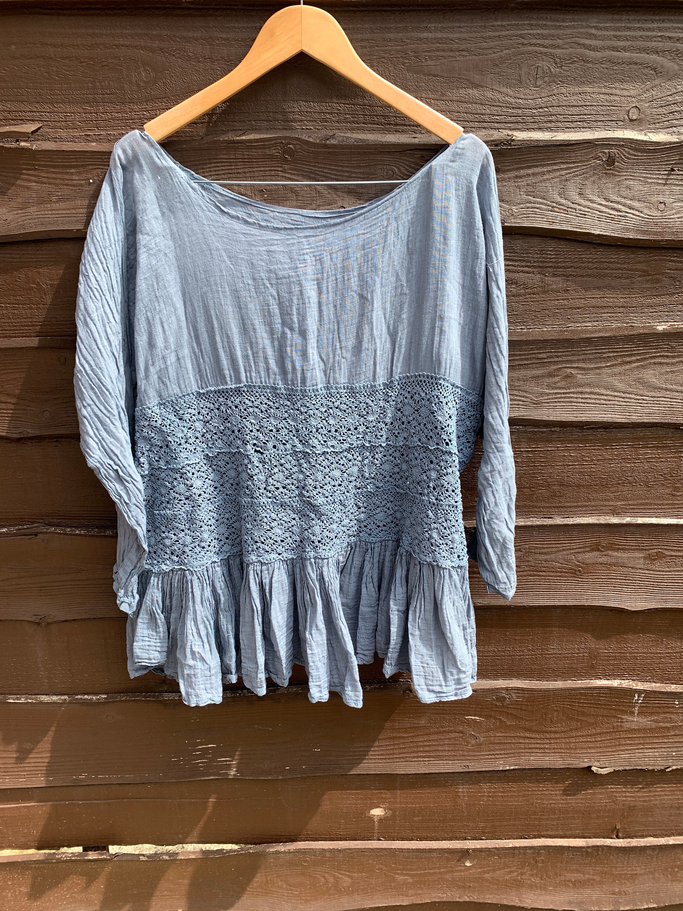 Image of Cotton Lace Shirt Top Tunic All Sizes Slow Fashion Sustainable Prairie Shabby Chic Hippy Boho Lagenlook Long Sleeves Plus Size Ritanotiara