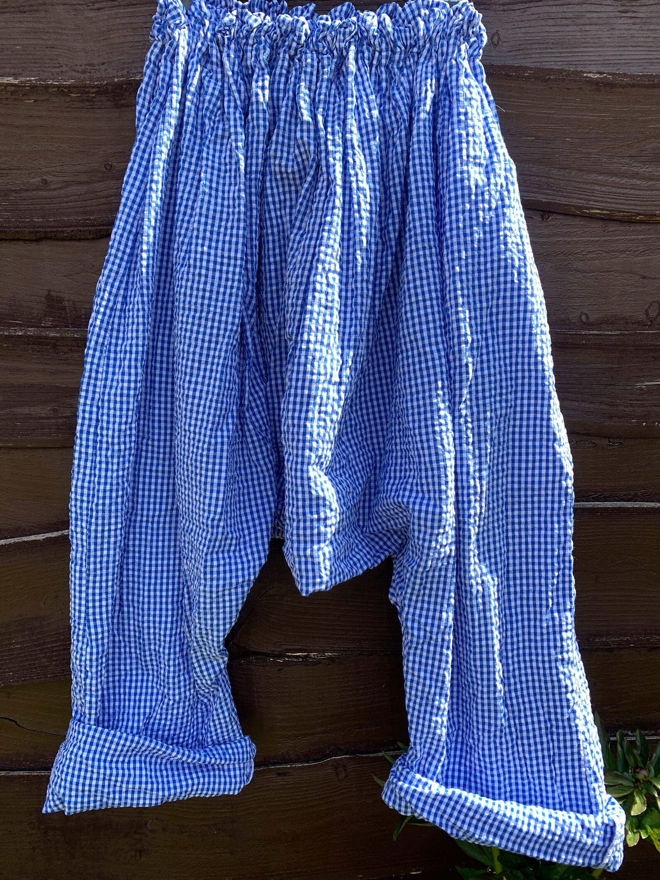Image of Cotton Harem Pants -Seersucker Cotton - Seersucker Pants Gingham Check Drop Crotch Free Size Harem Pants- Ritanotiara