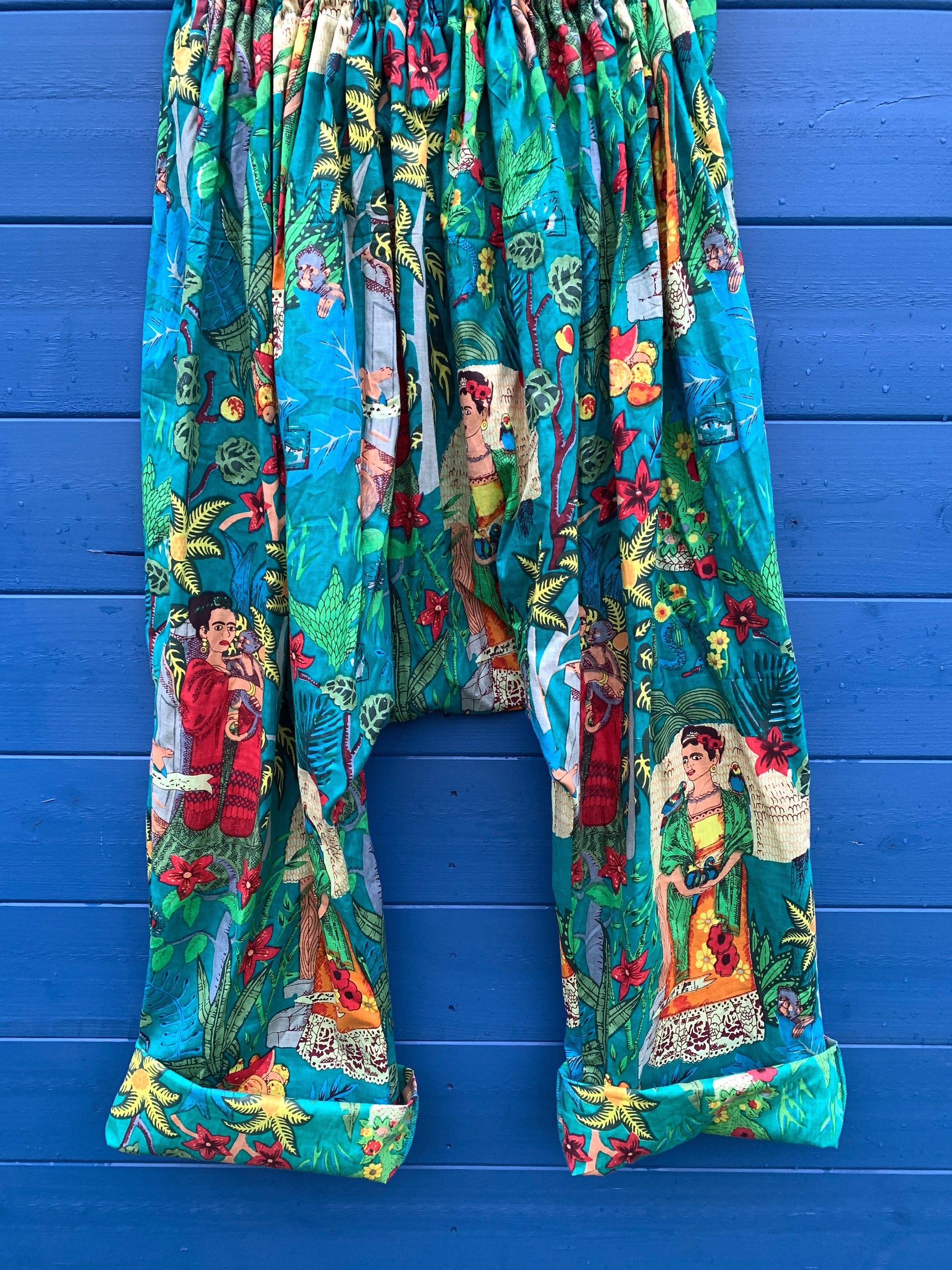 Image of Frida Kahlo - One Size Harem Pants Turquoise Cotton Trousers Kahlo Ritanotiara