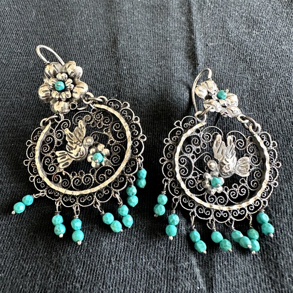 NEW FEDERICO JIMENEZ Silver Turquoise Earrings Flowers Doves Filigree Oaxaca South Western Chandelier Boho Wear with RitaNoTiara Pierced