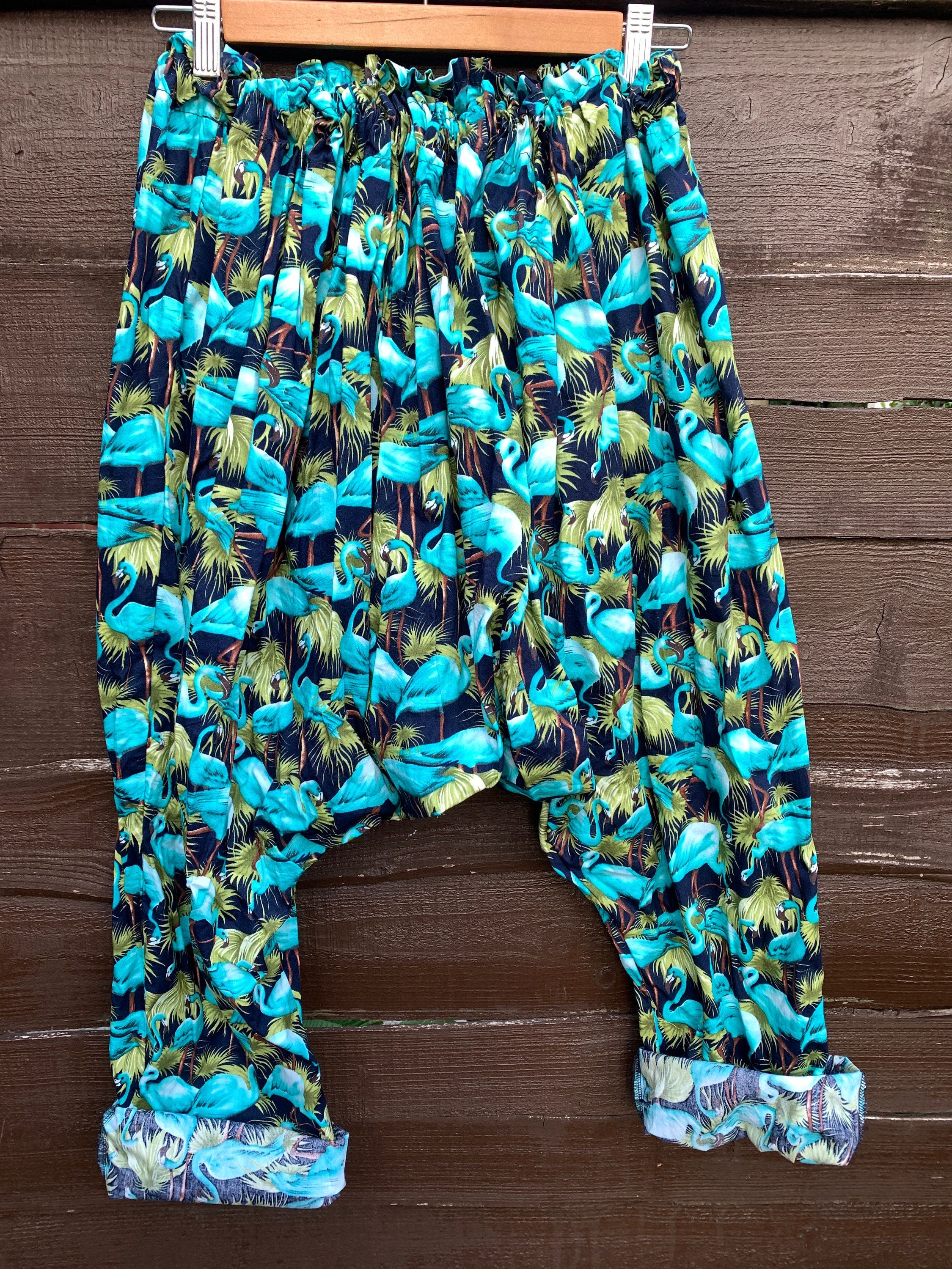 Image of Cotton Harem Pants - 's Pants Kitsch Flamingo Quirky Drop Crotch Blue Pants-Free Size Harem Pants- Ritanotiara