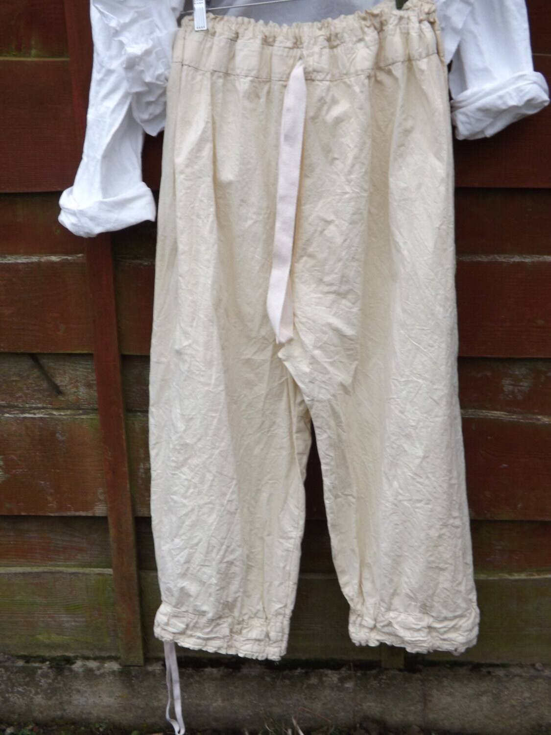Image of All Sizes Plus Regular Ritanotiara Cream Pants Trousers Boho Quirky Lagenlook Prairie Natural Cotton Drawstring Pantaloons Bloomers Handmade