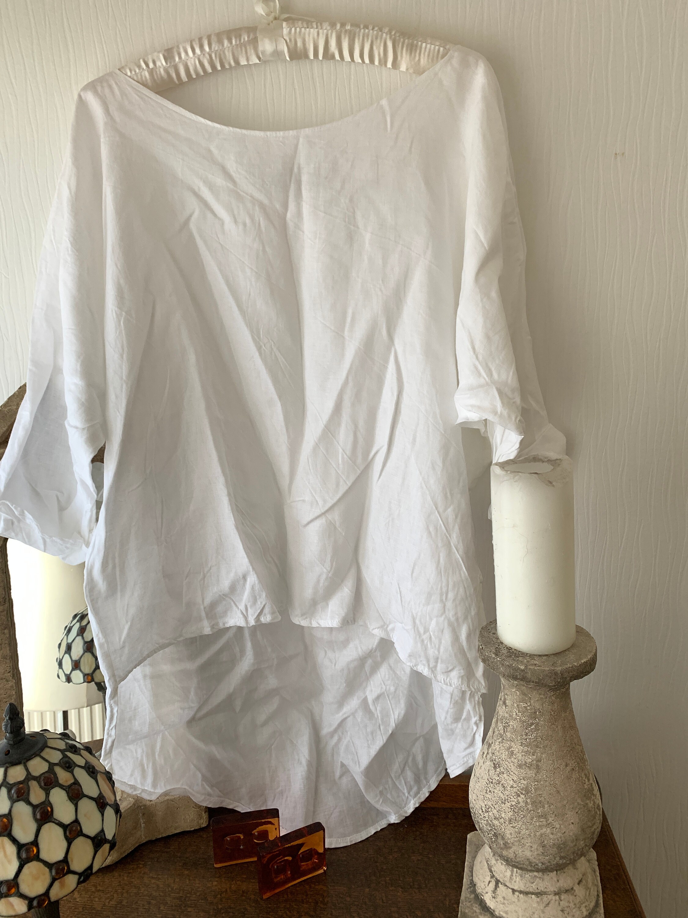 Image of White Linen Top - Eco Fashion Sustainable Clothing Simple Beach Dress Free Size Ready To Ship Ritanotiara Last One Boho