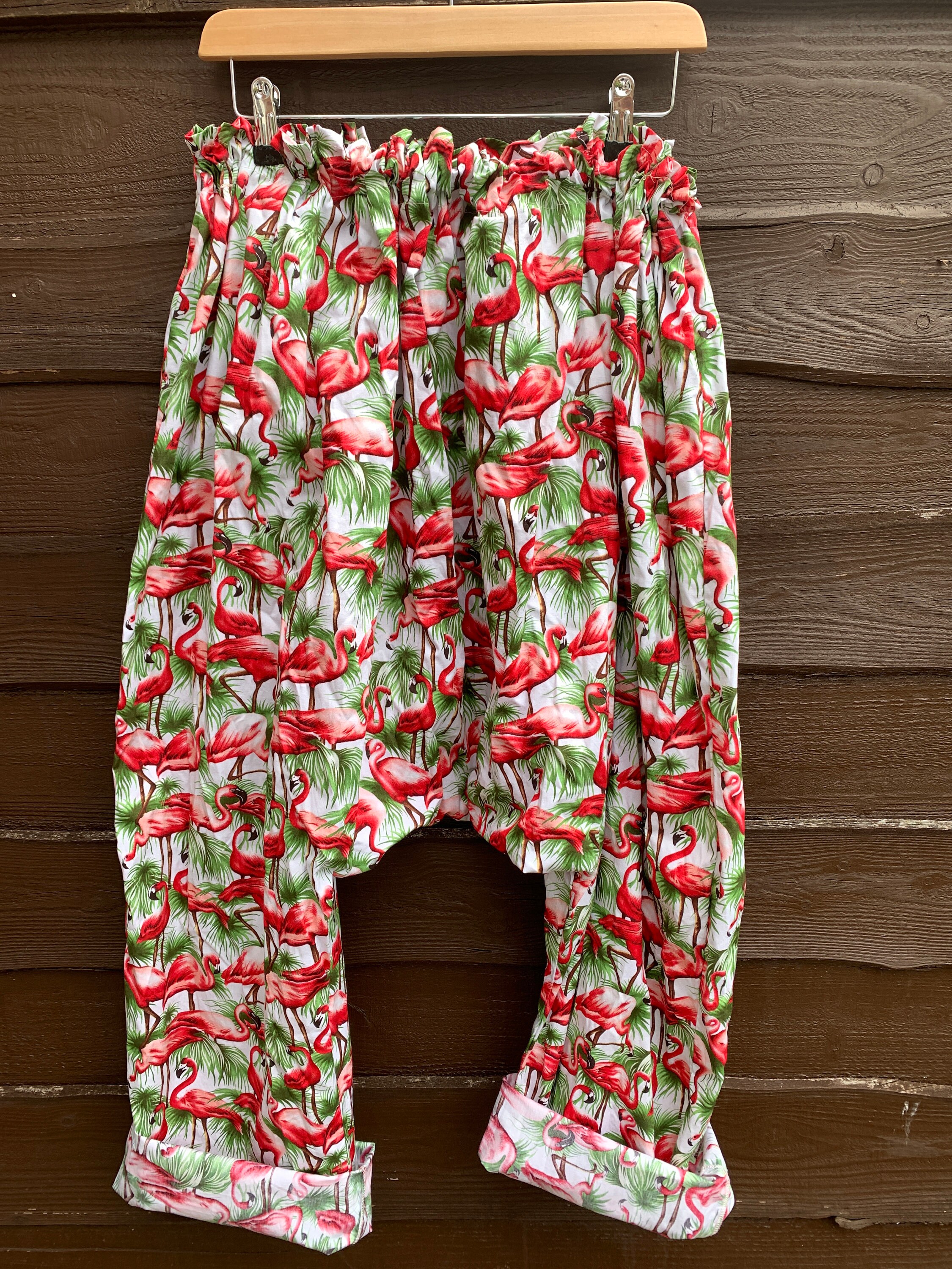 Image of Cotton Harem Pants - 's Pants Kitsch Flamingo Quirky Drop Crotch Red Pants-Free Size Harem Pants- Ritanotiara