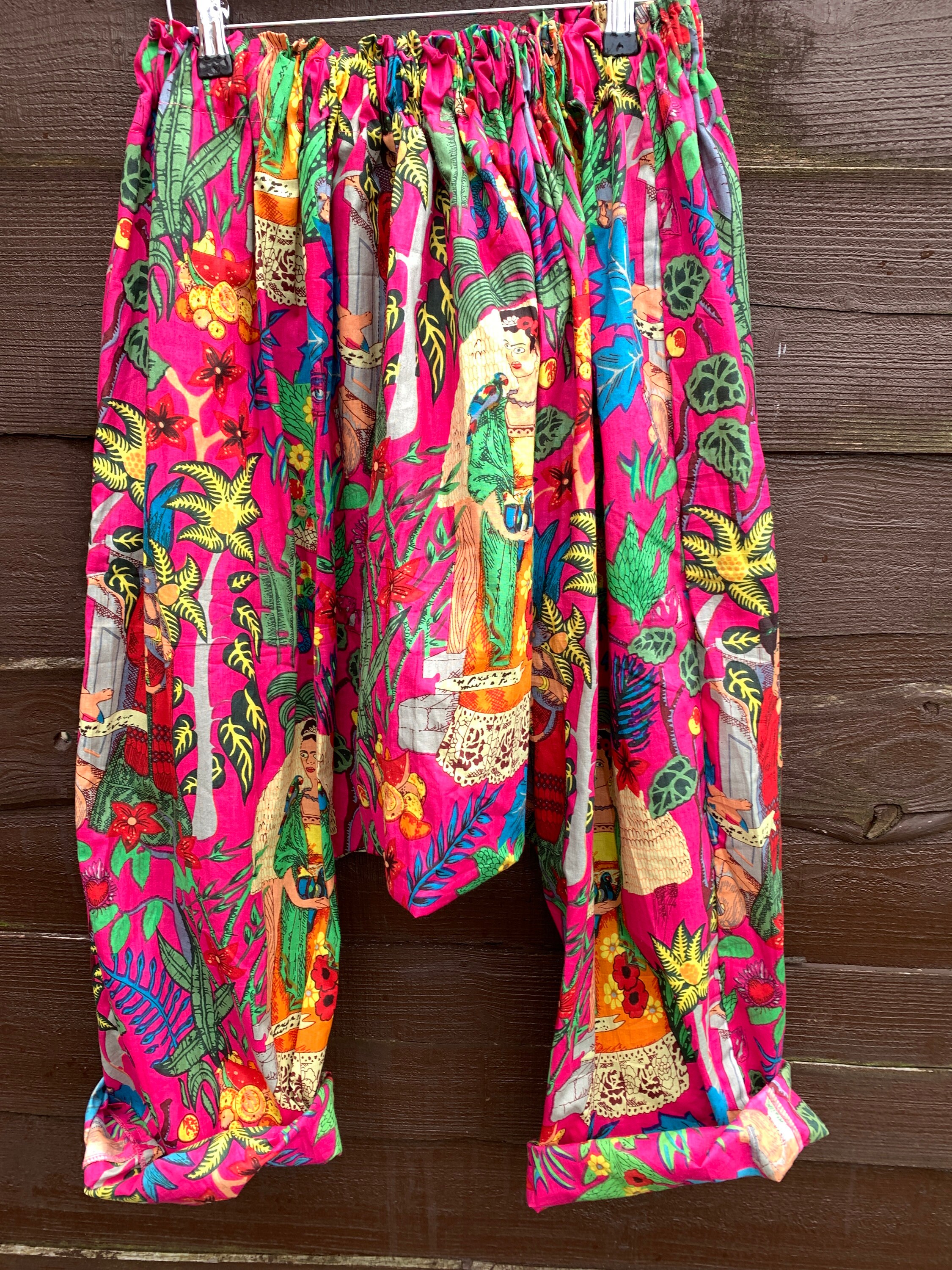 Image of Frida Kahlo - Hand Printed Cotton Magenta Trousers Harem Pants Kahlo Ritanotiara Osfm