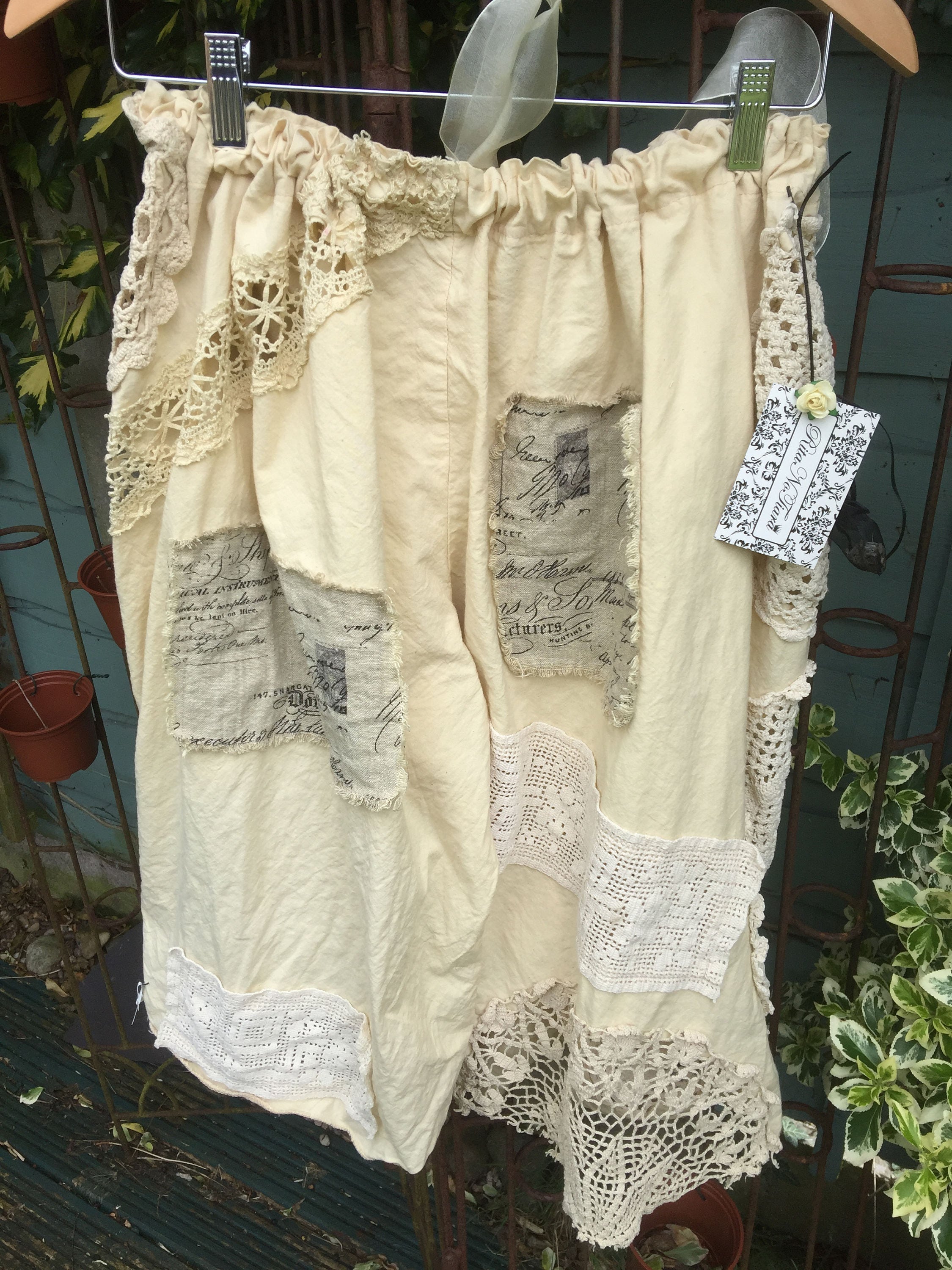 Image of Culottes Appliqued Patched Cropped Pants Boho Lace Cotton Pantaloons Lagenlook Prairie Festival Ritanotiara All Sizes Made To Order Quirky