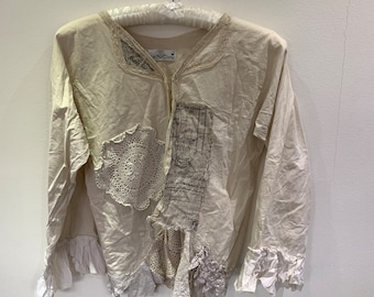 Ivory cotton jacket top free size RitaNoTiara Ready to Ship Quirky funky prairie Southern Gothic Calligraphy crochet lace OOAK frills linen