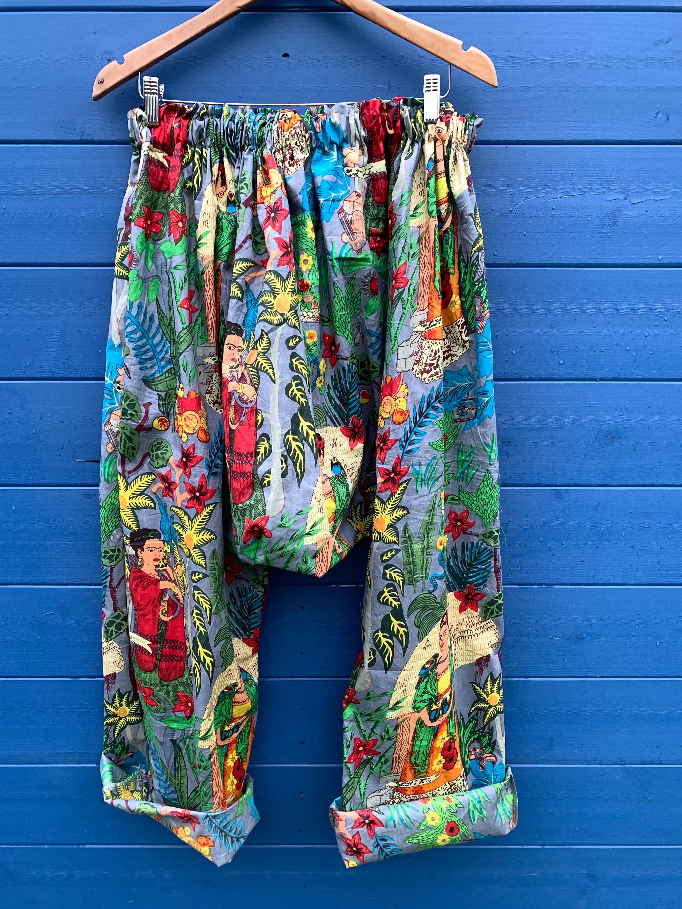 Image of Frida Kahlo - Hand Printed Cotton Grey Trousers Harem Pants Kahlo Garcon Ritanotiara