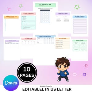 Op de afbeelding: Een set van 10 printbare pagina's met onder andere een spaarpot, schermtijdregels, ideeën tegen verveling, een leesplanner, een zomer bucketlist, een zakgeldtracker, een bedtijdkaart, een takenlijst en beloningsbonnen.