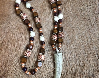 Elk bone and Coyote claw beaded necklace NATIVE AMERICAN HANDMADE claw necklace bead necklace blue silver claw bead necklace