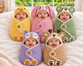 May include: Five infants wrapped in colorful, hand-crocheted swaddle blankets featuring animal-themed hoods. The designs include a yellow chick, a pink bunny, a green bear, a purple owl, and a tan deer, each secured with a decorative flower button.
