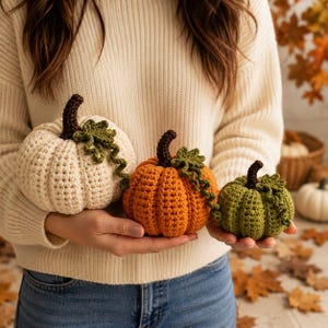 Puede incluir: Tres calabazas de ganchillo en color crema, naranja y verde oliva. Cada calabaza presenta un tallo marrón oscuro y una enredadera verde decorativa con pequeñas hojas a un lado. Las calabazas tienen textura con puntos de ganchillo acanalados.