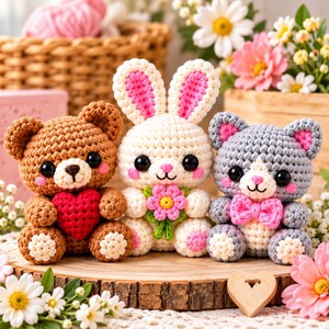 May include: Three crocheted stuffed animals: a brown bear holding a red heart, a white rabbit with pink inner ears holding a pink flower, and a gray cat with a pink bow tie. Each figure features large black eyes and pink stitched cheeks.