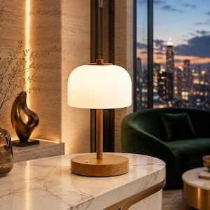May include: A table lamp featuring a cylindrical wooden base with a small silver power button, a slender wooden stem, and a rounded, opaque white glass shade that emits a soft, warm glow, standing on a polished white marble surface.