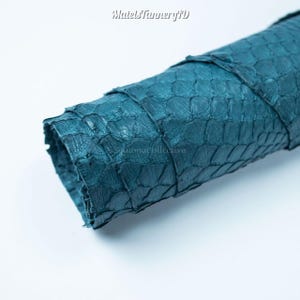 Puede incluir: Una pieza enrollada de piel de serpiente de color verde azulado con un patr&oacute;n de escamas superpuestas. La superficie tiene un acabado mate con textura y profundidad visibles. El texto "MatelsTanneryID" est&aacute; impreso en la parte superior.
