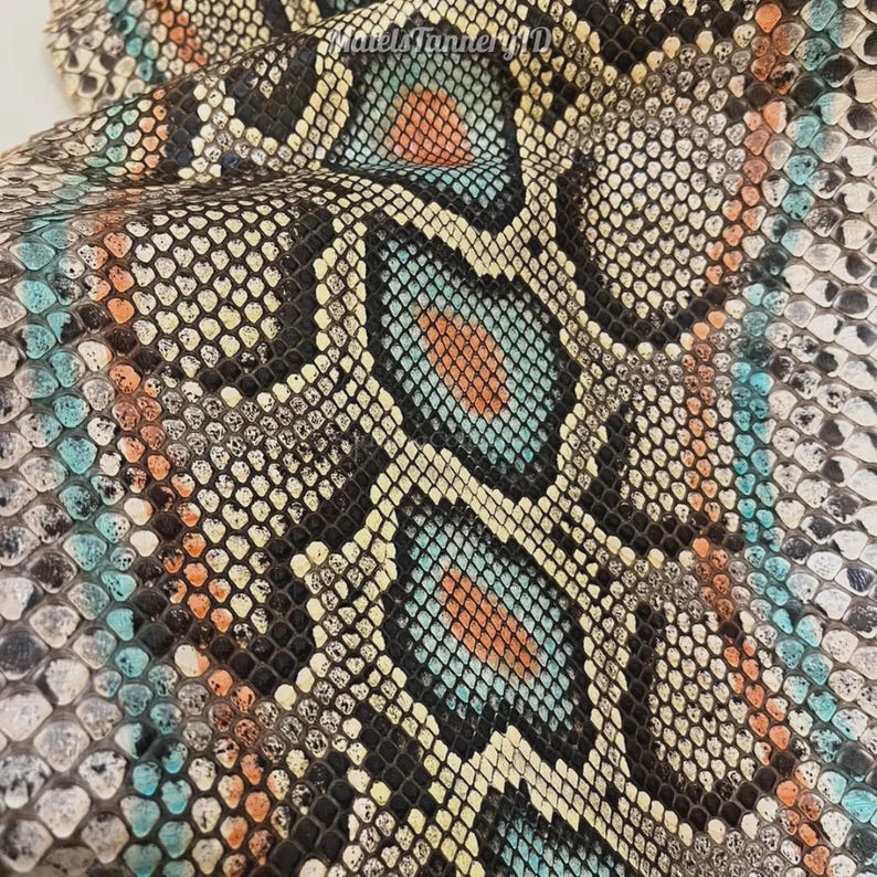 Real Python Leather, Turquoise Copper Multicolor Reptile Leather for Artisan Supplies