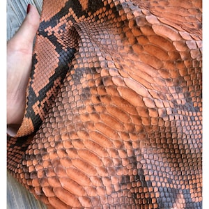 May include: A piece of orange and black snakeskin leather featuring a distinct scale pattern and the text MatelsTanneryID printed at the top. The material has a textured surface with overlapping scales in varying shades of orange and dark brown.