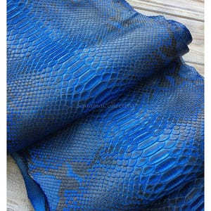 Op de afbeelding: Een gevouwen stuk blauw en zwart slangenleer met een duidelijk reptielachtig schubbenpatroon. Het oppervlak toont een verloop van levendige blauwe tinten die overgaan in diepe zwarte schaduwen. De tekst MatelsTanneryID en SquamaCollectiva is zichtbaar.