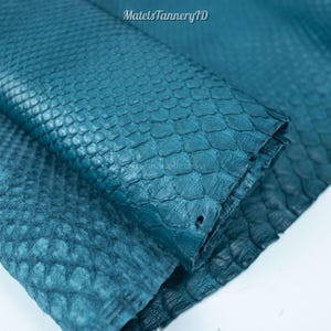 Puede incluir: Una pieza de cuero de serpiente texturizado de color verde azulado con un patr&oacute;n de escamas repetitivo y distintivo en toda la superficie. El material est&aacute; doblado sobre s&iacute; mismo, mostrando la textura org&aacute;nica superpuesta. El texto MatelsTanneryID es visible.