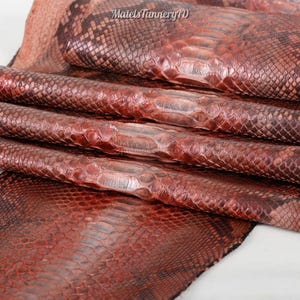 Può includere: Un pezzo di pelle di serpente color marrone rossastro caratterizzato da un distinto motivo a scaglie ripetuto con una finitura lucida. Il materiale è piegato in strati, mostrando la texture naturale e il testo MatelsTanneryID stampato.