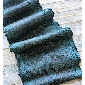 Peut inclure: Une peau de serpent en cuir bleu sarcelle et noir présentant un motif d'écailles en losange répétitif. Le matériau est plié en couches, affichant une surface texturée avec des accents brun foncé sur toute la peau. Le texte MatelsTanneryID est visible.