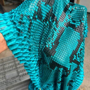 May include: A piece of turquoise and black snakeskin leather featuring a distinct, raised scale texture. The surface displays a vibrant, saturated turquoise hue with contrasting black markings arranged in a natural pattern. The text MatelsTanneryID is visible.