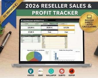 Reseller Sales Tracker 2026 Google Sheets Euro | Gestionale Vendite Vinted eBay Wallapop Subito Depop | Calcolatore Margini e Profitti