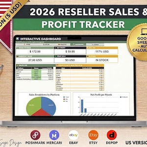 Può includere: Un tracker digitale delle vendite e dei profitti per rivenditori 2026 visualizzato su uno schermo di un portatile. La dashboard presenta un'interfaccia interattiva per Google Sheets con sezioni per ricavi lordi, utile netto e registro vendite.