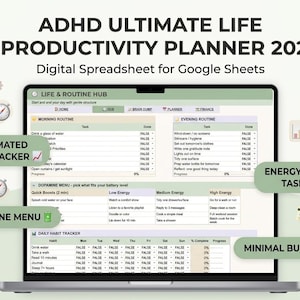 Può includere: Uno schermo di computer portatile che mostra l'ADHD Ultimate Life & Productivity Planner 2026, un foglio di calcolo digitale per Google Sheets. L'interfaccia presenta un Life & Routine Hub, routine mattutine e serali, un menu dopamina e un tracker.