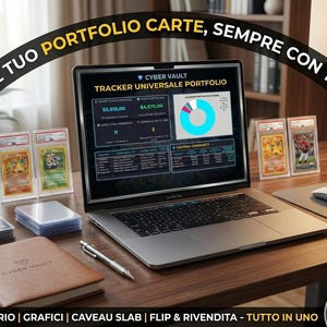May include: A laptop displaying a Cyber Vault universal portfolio tracker dashboard with charts and data tables. Surrounding the laptop are several graded trading cards in plastic cases, a stack of cards, a brown notebook, and a silver pen.