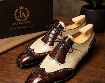 Luxe tweekleurige leren Oxford brogue schoenen met vleugelneus voor heren