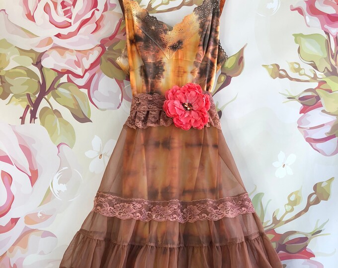 Juniors-Tie and dye dress of maroon brown and orange colors motif