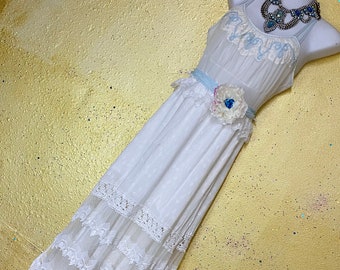 white lace with baby blue soutache boho wedding dress by mermaidmisskristin