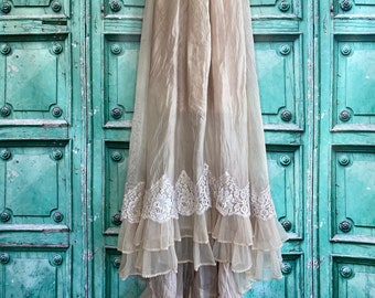 taupe & pale pink silk and lace boho wedding dress by mermaid miss Kristin