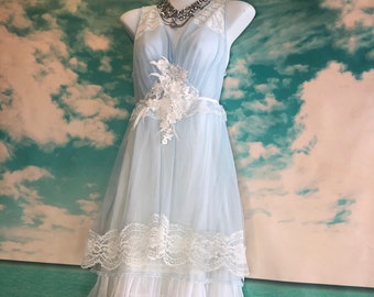 french blue & white ethereal boho short wedding dress by mermaid miss kristin