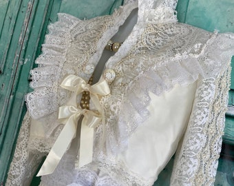 soft white lace and pearl Marie Antoinette wedding jacket by mermaid miss k