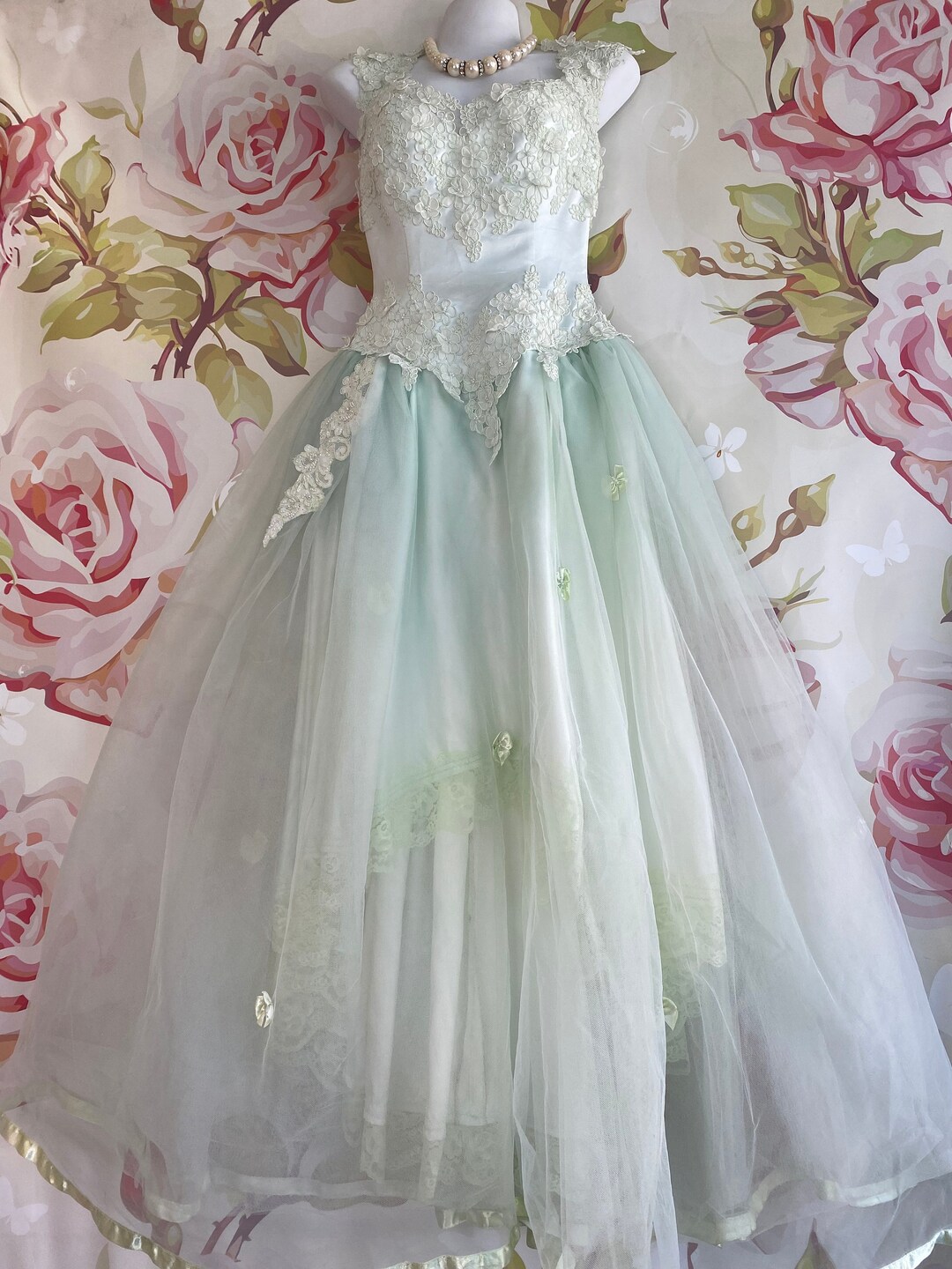 Hand Dyed Sea Foam Green Vintage 80s Wedding Dress