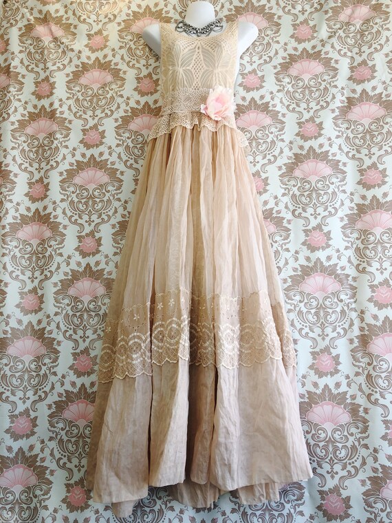 Plus Size Tan & Nude Silk Organdy Lace Boho Wedding Dress by Mermaid Miss  Kristin - Etsy