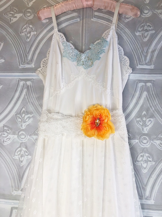 Sale...white and dip dye turquoise layered lace Beach boho wedding dress by mermaid Miss k