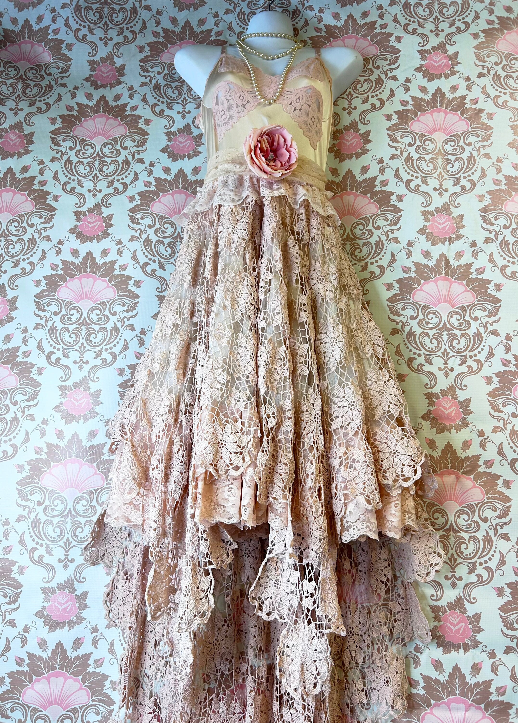 Cream & Whisper Pink Asymmetrical Crochet Boho Wedding Dress by Mermaid Miss Kristin