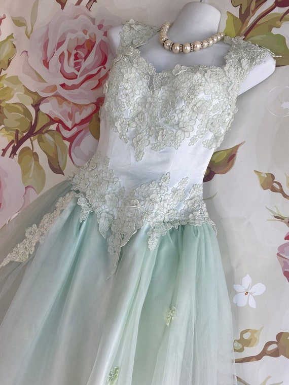 chinese dress ladies V Neck Open Back Mint Green Lace Ruffle Tiered Long Prom Dress, Mint G –  abcprom main image 0