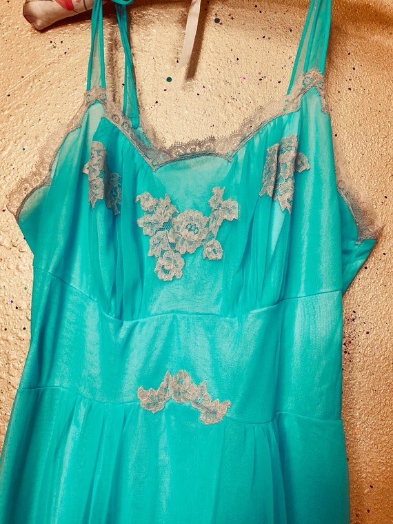 vintage aqua nylon and lace nylon nightgown slip … - image 4