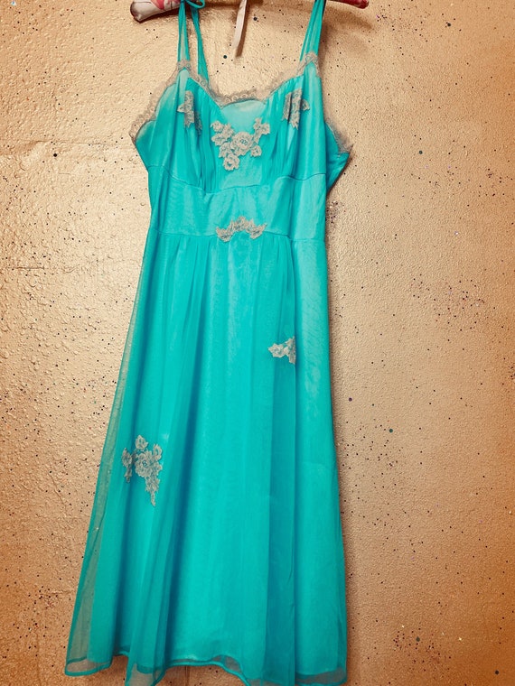 vintage aqua nylon and lace nylon nightgown slip … - image 2