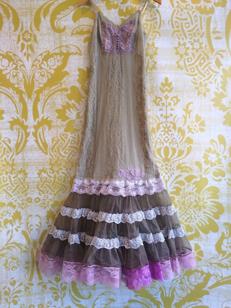 Olive Khaki & Lilac Lace Ruffled Boho Prom Dress by Mermaid - Etsy