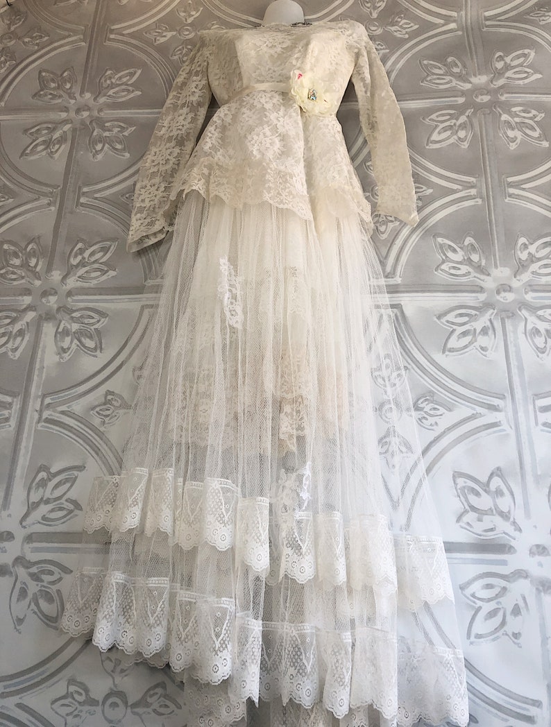 Soft White & Taupe Vintage Sheer Lace Tulle Wedding Dress by | Etsy