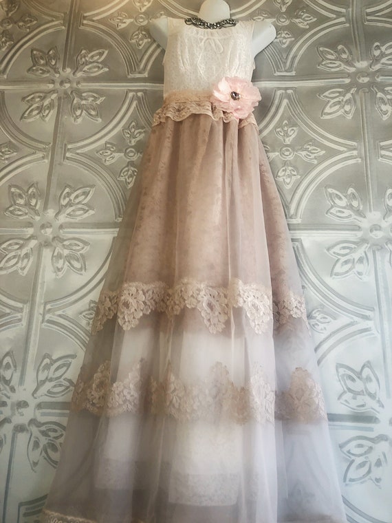 whisper pink White and pale mauve sheer lace layered boho wedding dress by mermaid miss k