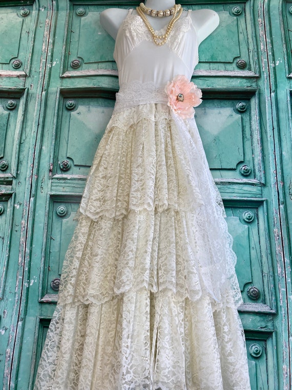 off White tiered lace short boho wedding dress by mermaid miss kristin